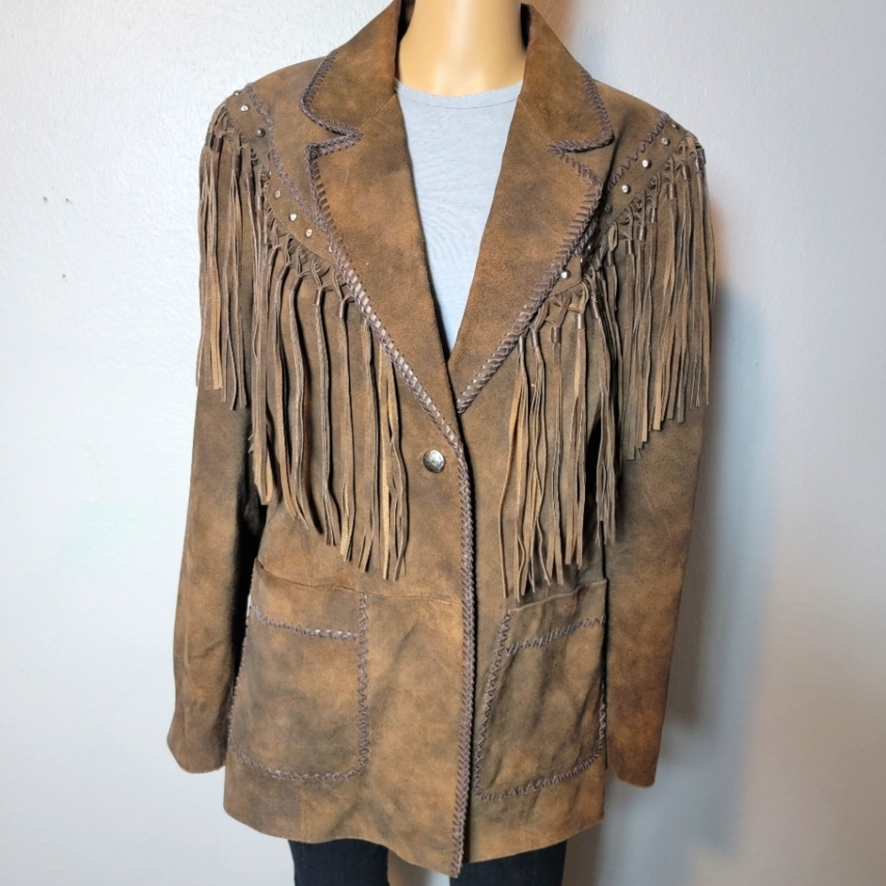 Unisex Size XL Cripple Creek Brown Vintage Fringe Genuine Leather Jacket